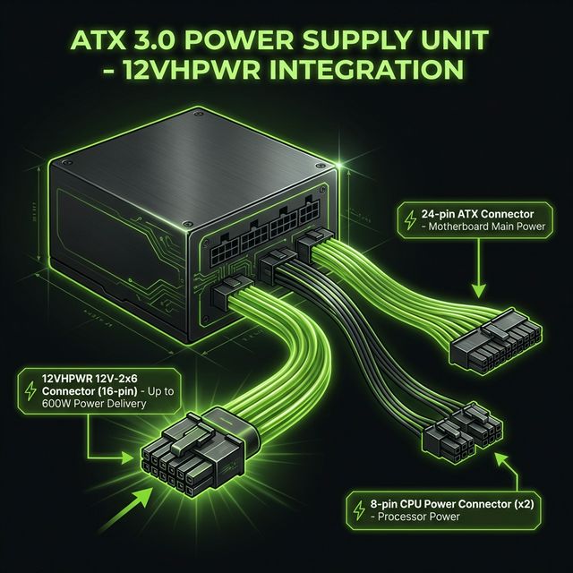 ATX 3.0 power supply 12VHPWR connector pinout diagram showing the 16-pin 12V-2x6 cable layout used by modern PCIe 5.0 graphics cards