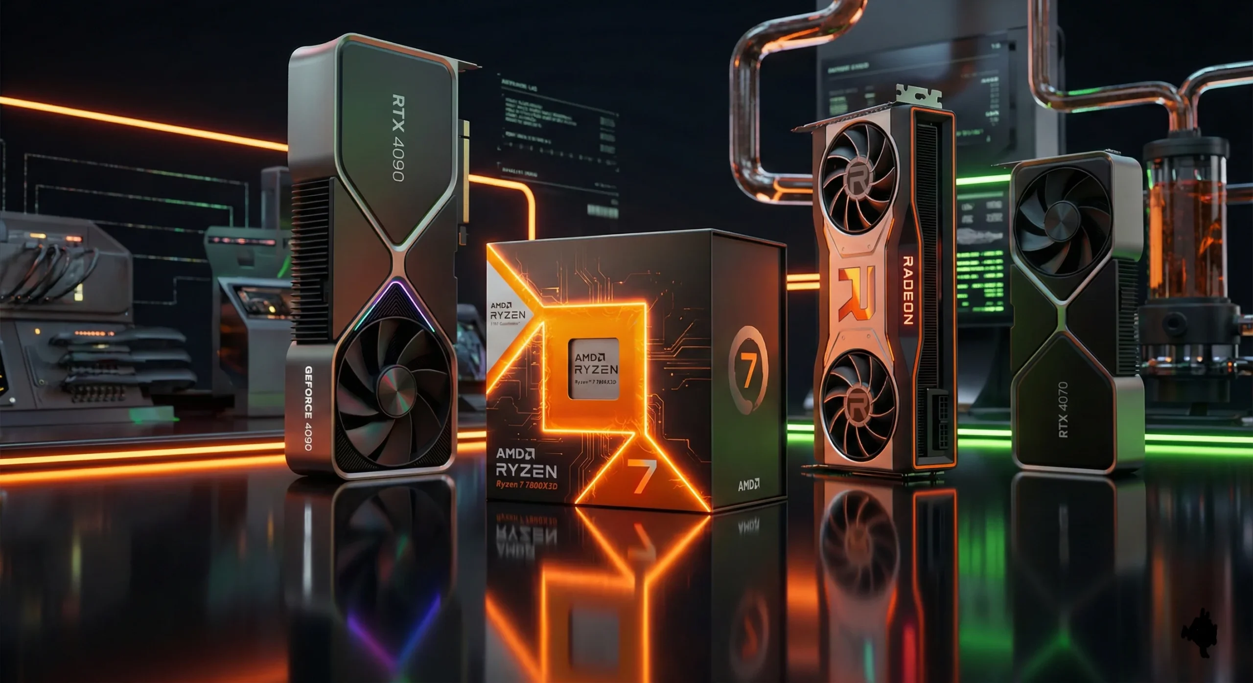 AMD Ryzen 7 7800X3D paired with RTX 4090 and RX 7900 XTX graphics cards.